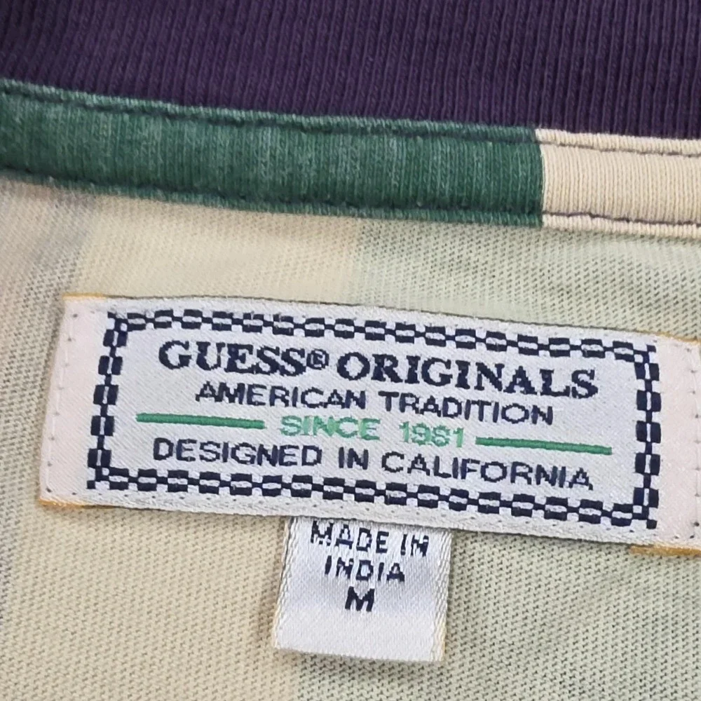 Guess‎ Originals Striped T Shirt Men's Medium Green Cream Purple Logo Casual 90s - Picture 4 of 10